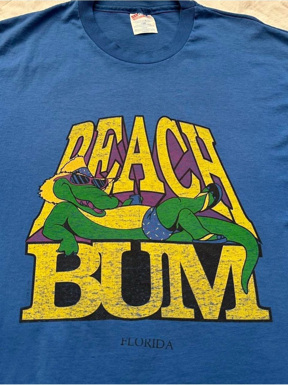 Vintage 1990s Florida Beach Bum Graphic Tee - Blue with Yellow & Green Print XL
